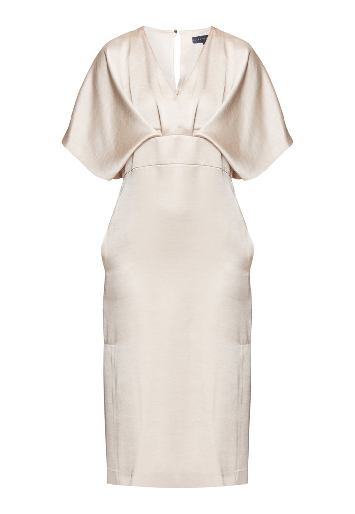 Eabha, the ivory dress with quiet glamour. Cut from fluid, silk-touch satin in a soft oyster hue, it frames the neckline with a gentle V and draped kimono sleeves, then gathers into under-bust pleats that flatter the waistline. The column midi skirt skims beautifully with discreet side seam pockets and slits for ease, finished with a neat keyhole back. Just add barely-there heels and gold jewellery.