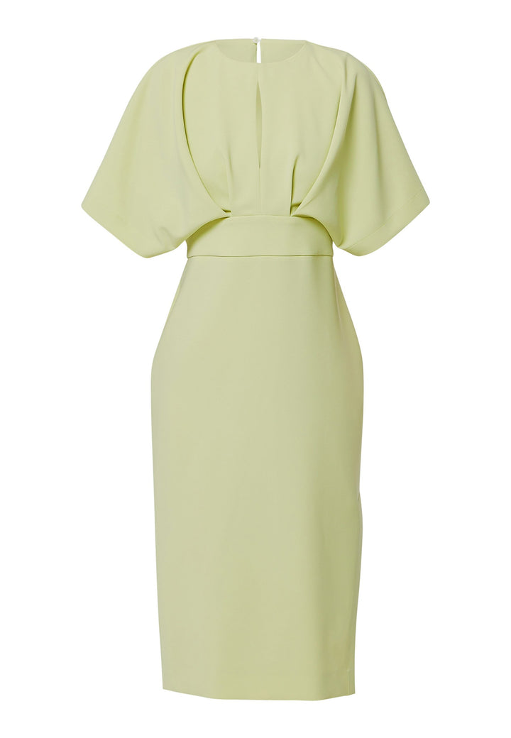 A radiant piece designed to elevate your warm-weather wardrobe. Drenched in a vibrant lime hue, this dress effortlessly captures the essence of summer elegance. The relaxed silhouette drapes gracefully to a flattering mid-calf length, ensuring both comfort and style on sun-filled days. Highlighted by pronounced pleats at the center front bodice and a subtle front slit, it infuses a touch of allure into its design.