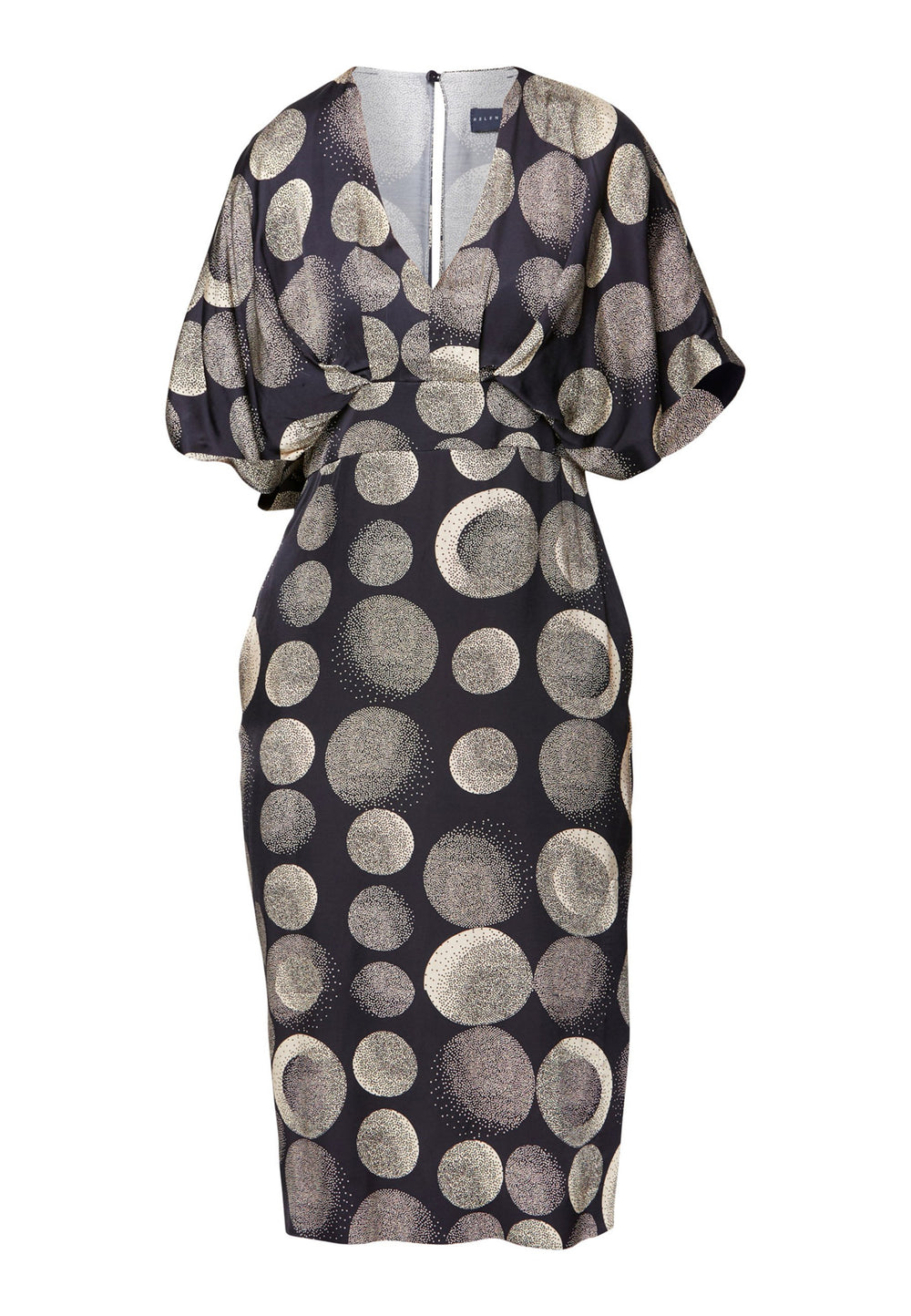 Eabha, the print dress with quiet drama. In fluid, silk-touch navy satin scattered with ivory lunar dots, it features a soft V-neckline, kimono sleeves and under-bust pleats that flatter the waistline. The column midi skirt is finished with discreet side seam pockets and a slit for ease, plus a neat keyhole back. Just add heels and minimal jewellery.