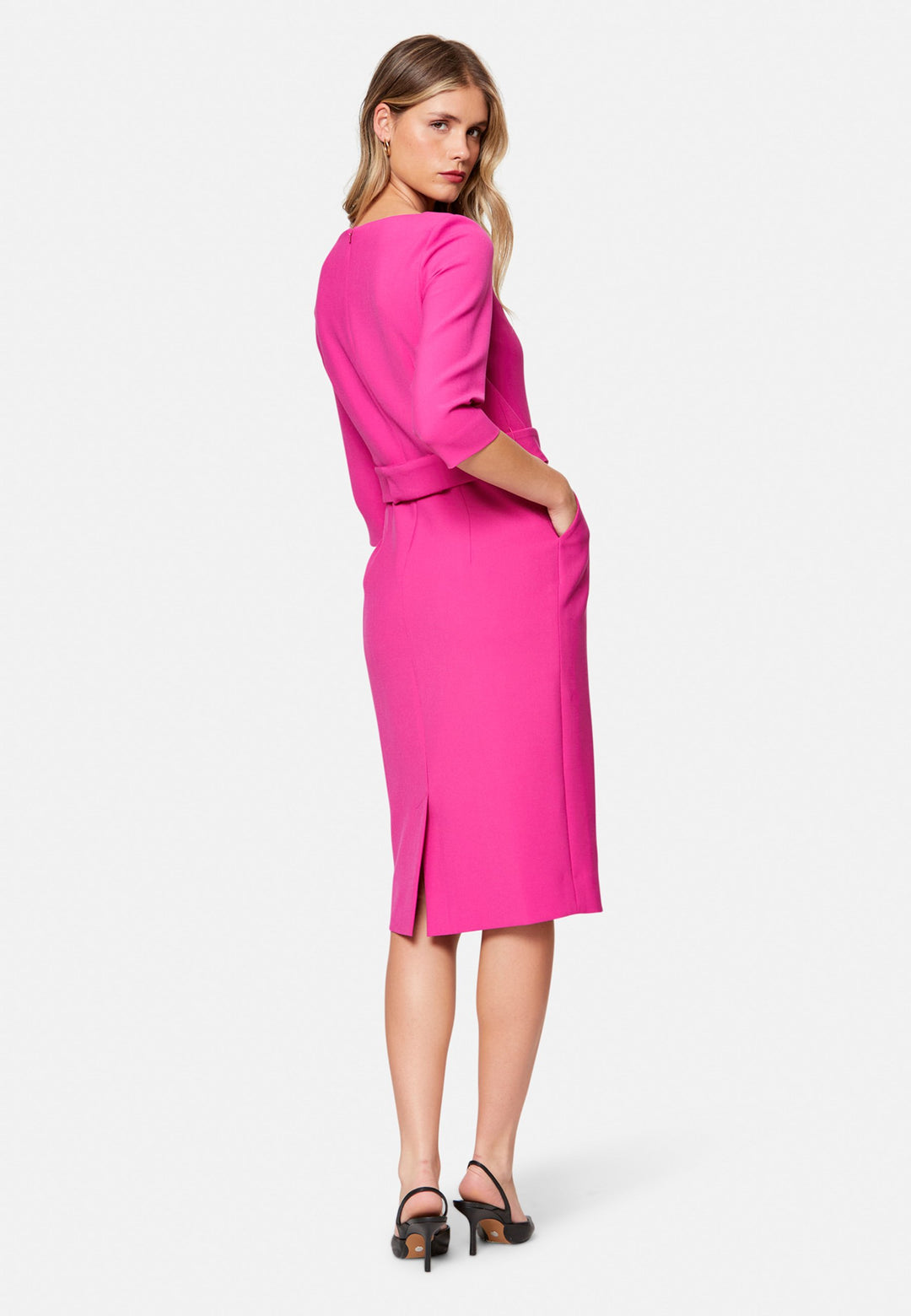 woman wearing pink pencil dress