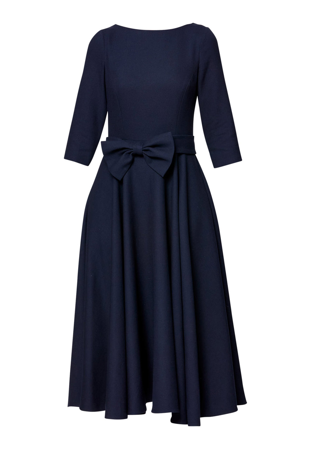 Eva, the modern fit-and-flare. Inspired by Hollywood glamour, this silhouette features a fitted bodice, flared skirt and a flattering scoop back. Designed with a round neckline, side seam pockets and a centre-back zip. The detachable bow belt adds a versatile finishing touch.