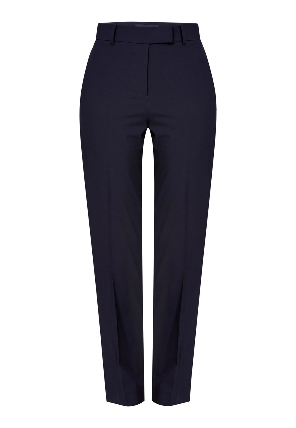 Georgiana, the tailored slim trouser. Cut in worsted navy bi-stretch suiting, it sits on the natural waist with a gently tapered leg falling to a neat ankle length. Finished with pressed creases, belt loops, side seam pockets and back welt pockets. Wear with the Darcie blazer for the coordinating suit, and style with the Anastasia pussy-bow blouse.