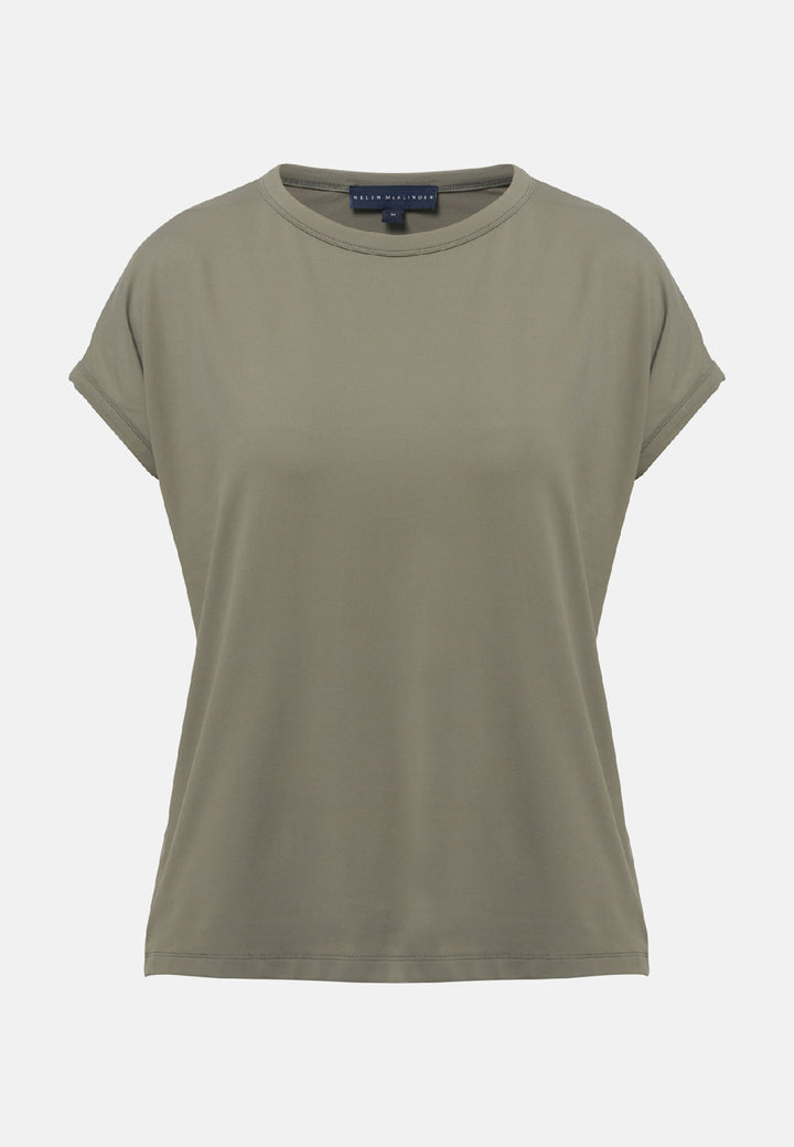 Gina, a fluid T-shirt with a clean crew neck. This loose silhouette is made to be worn oversized. Fabricated in a luxe stretch jersey. This style features in our soft olive collection, pairing perfectly with our Lyra Pant and Cassie Jacket for a monochrome moment.