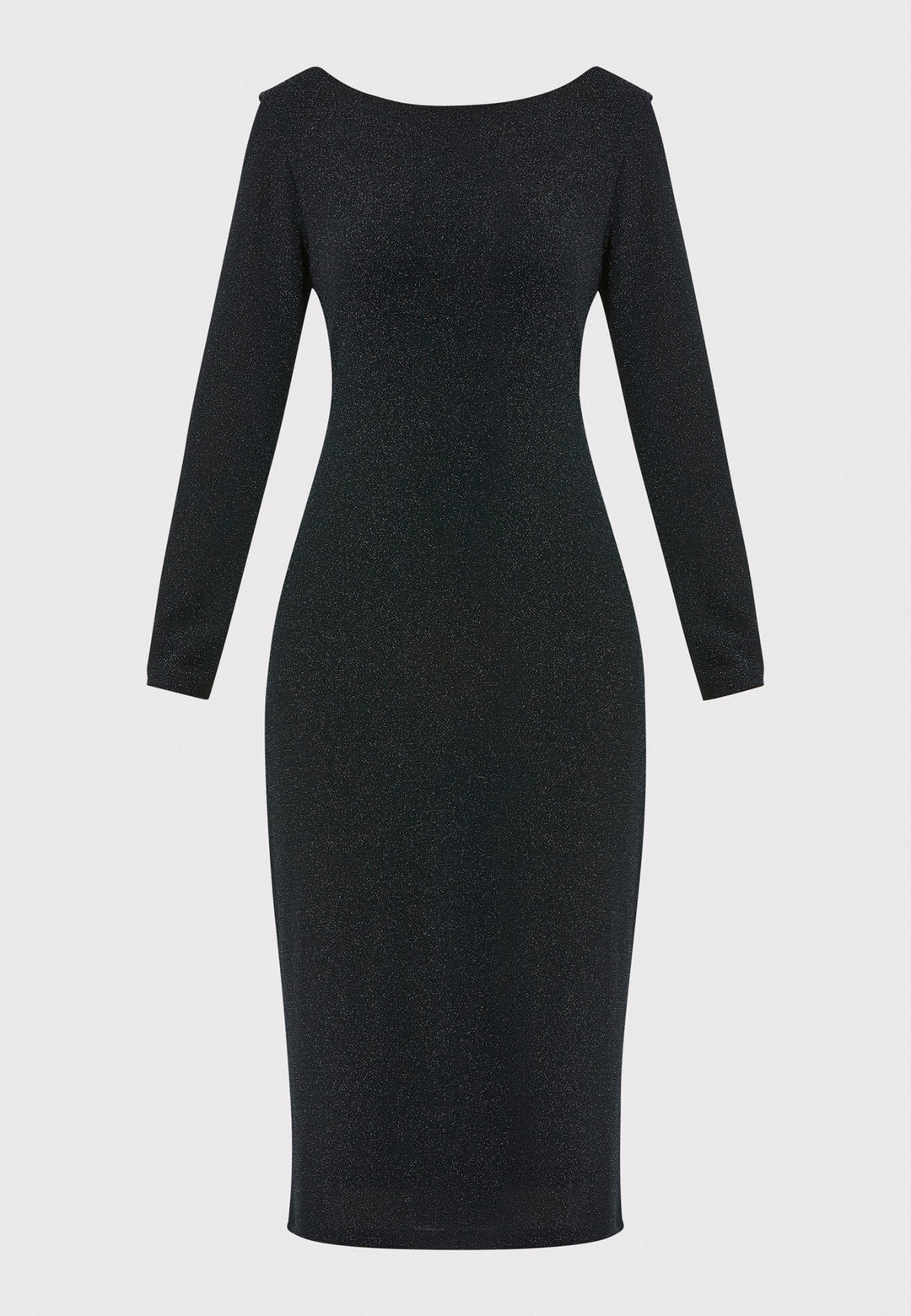 Introducing the Jamie Black Shimmer Dress, an elegant bodycon piece with full-length sleeves. Made from sparkly black jersey fabric, it features a slash neck with a slight V-back for added allure. Its midi length perfectly balances classic and modern styles. Ideal for any occasion, this dress adds a touch of glamour to your look.