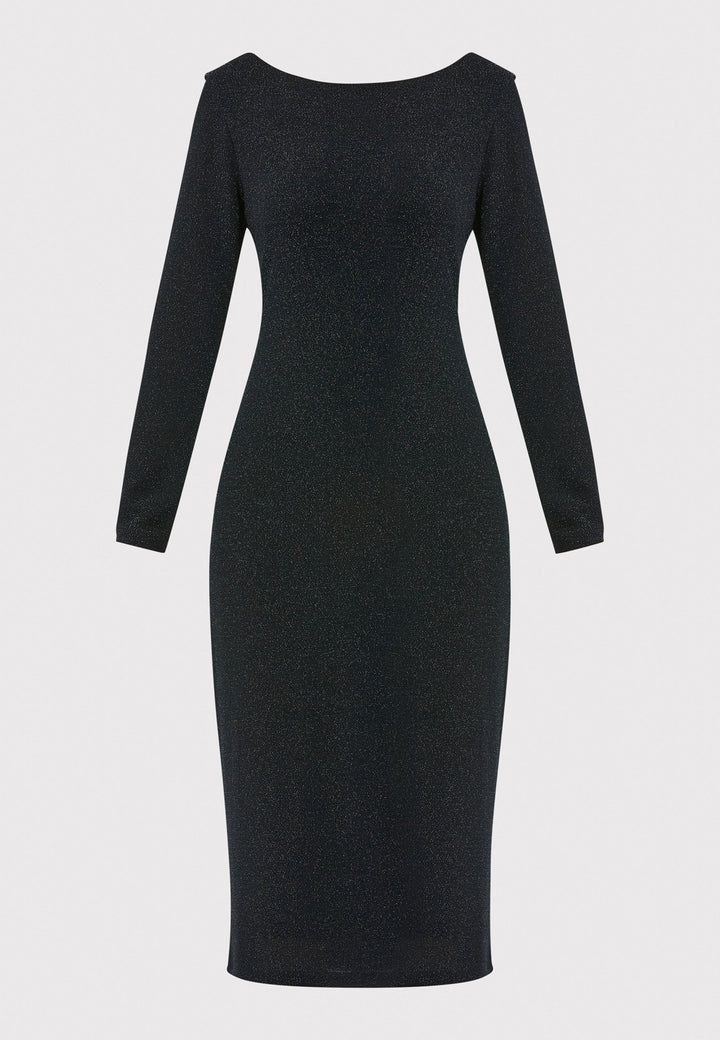 Introducing the Jamie Black Shimmer Dress, an elegant bodycon piece with full-length sleeves. Made from sparkly black jersey fabric, it features a slash neck with a slight V-back for added allure. Its midi length perfectly balances classic and modern styles. Ideal for any occasion, this dress adds a touch of glamour to your look.