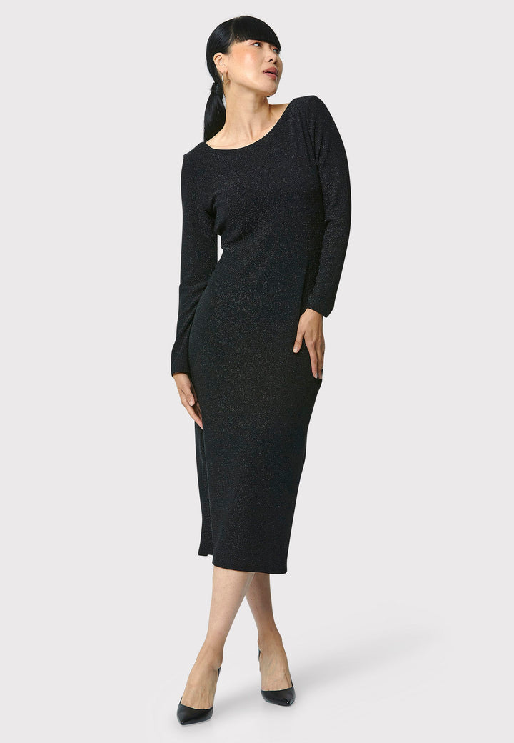 Introducing the Jamie Black Shimmer Dress, an elegant bodycon piece with full-length sleeves. Made from sparkly black jersey fabric, it features a slash neck with a slight V-back for added allure. Its midi length perfectly balances classic and modern styles. Ideal for any occasion, this dress adds a touch of glamour to your look.