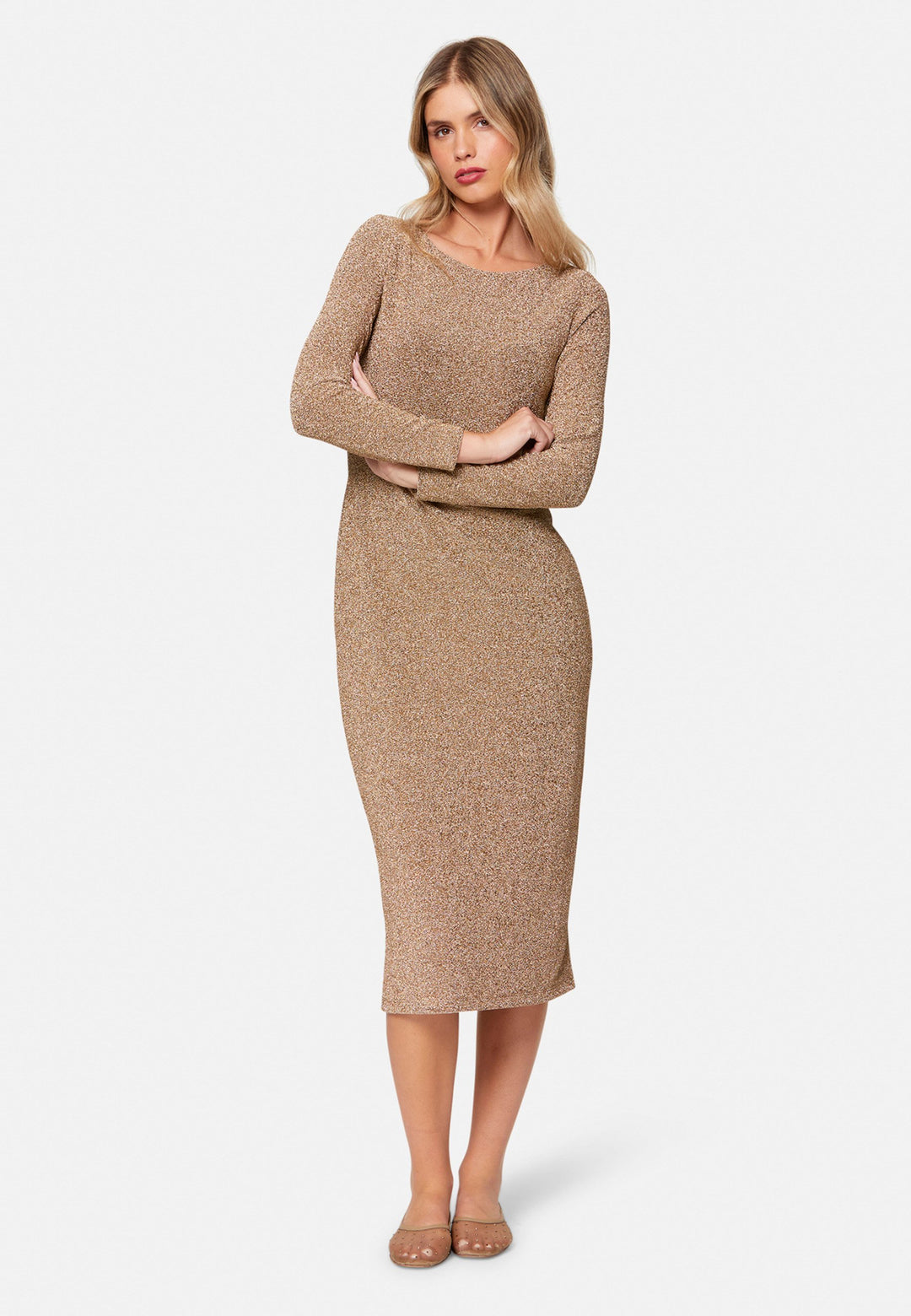 woman wearing jersey lurex midi dress