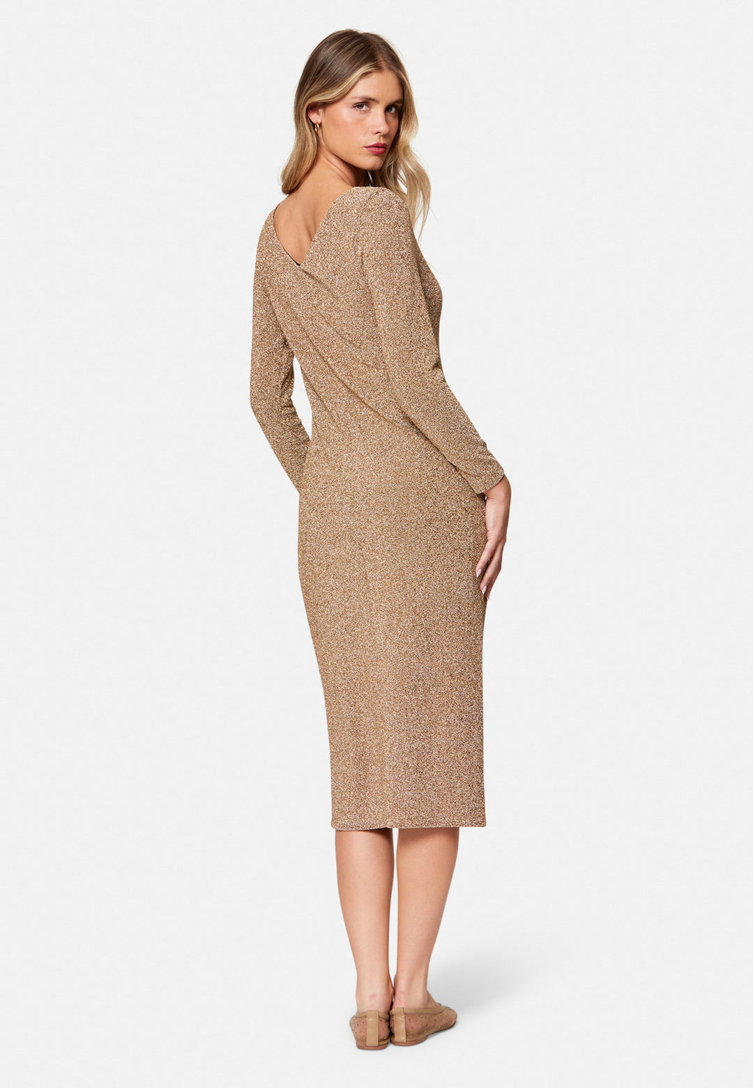 woman wearing jersey lurex midi dress