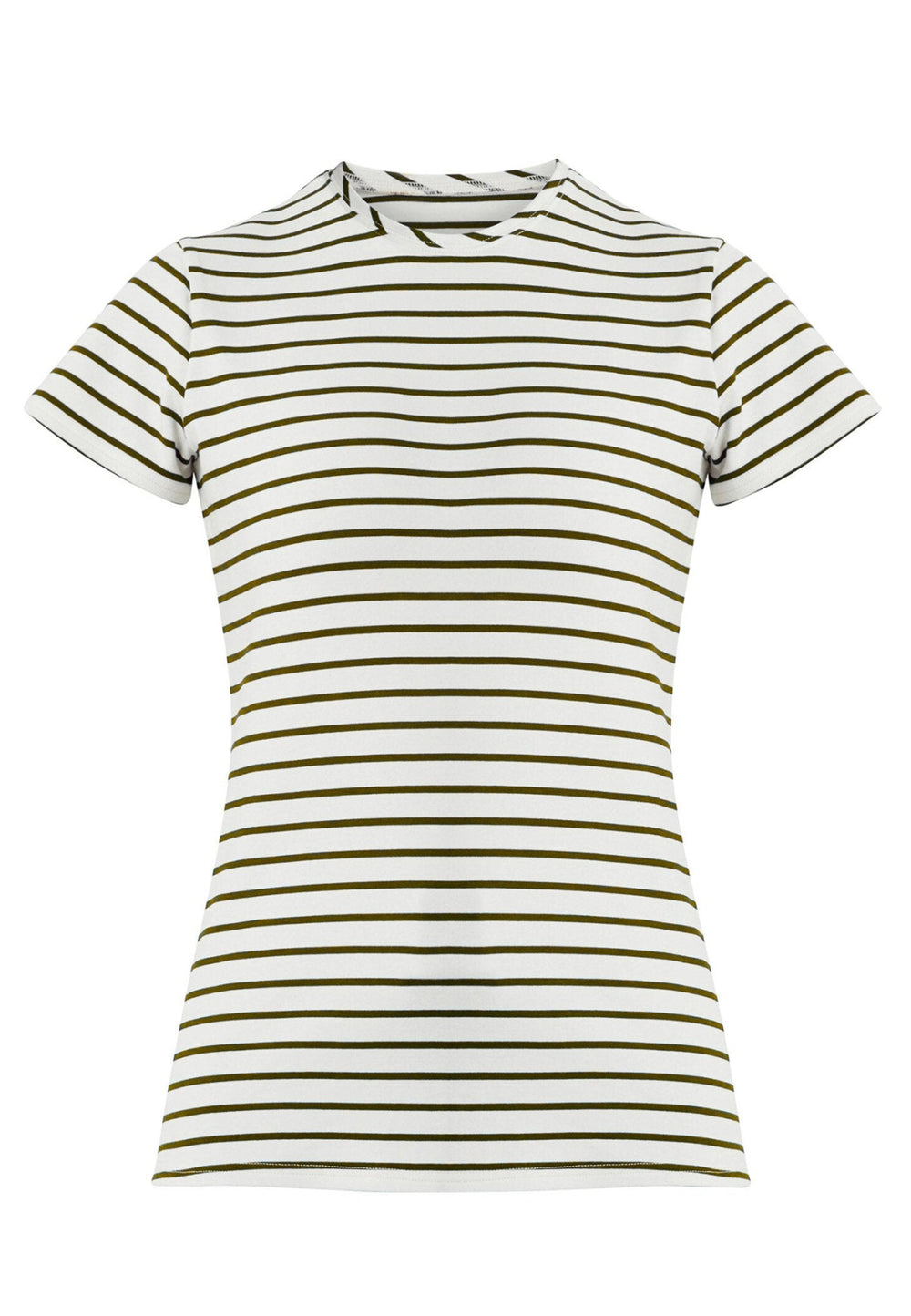 Our best-selling take on a classic white tee. Luxe stretch jersey and a neat round neck make this one of our most revered essentials. Now available in a sandlewood and ecru stripe.