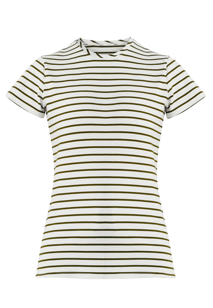 Our best-selling take on a classic white tee. Luxe stretch jersey and a neat round neck make this one of our most revered essentials. Now available in a sandlewood and ecru stripe.