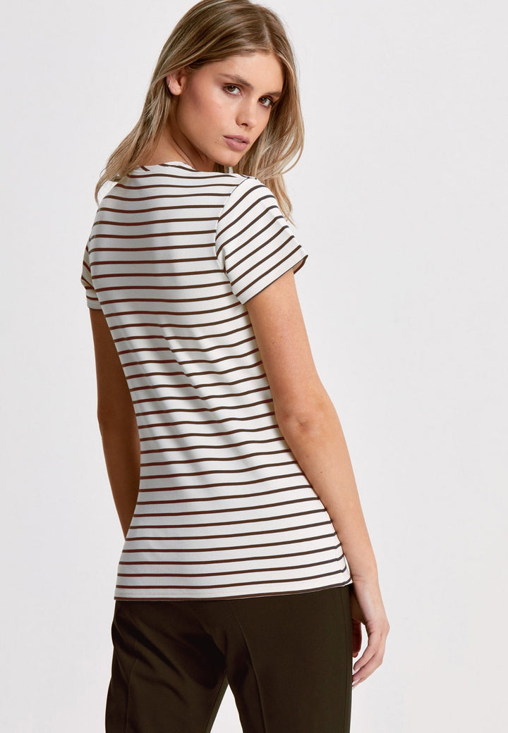 Our best-selling take on a classic white tee. Luxe stretch jersey and a neat round neck make this one of our most revered essentials. Now available in a sandlewood and ecru stripe.