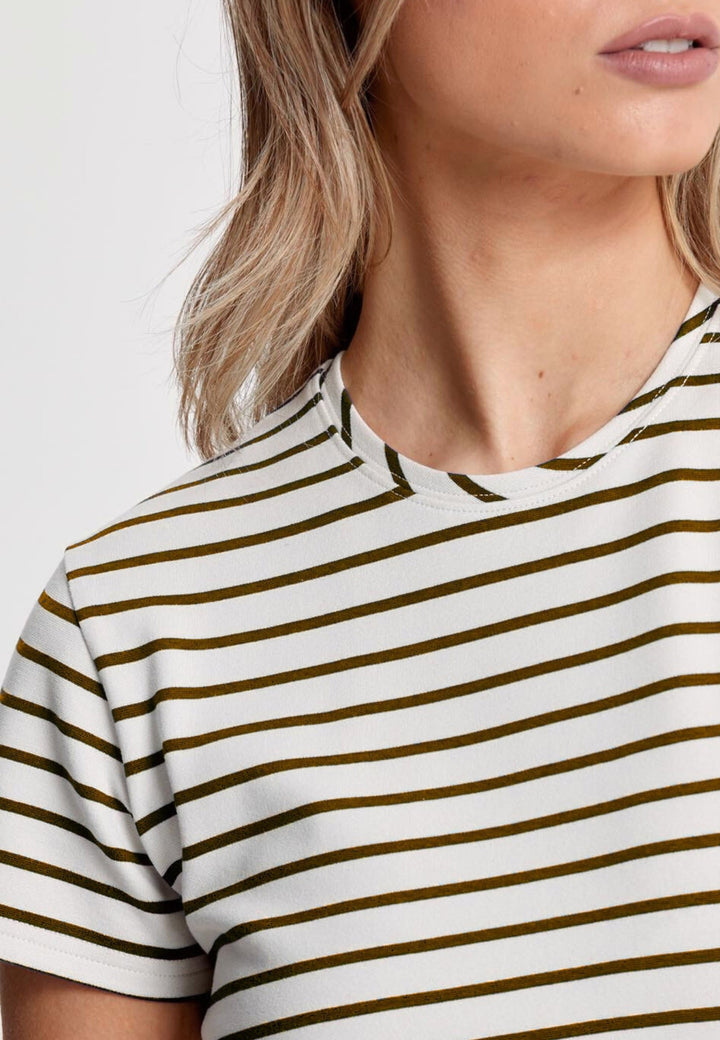 Our best-selling take on a classic white tee. Luxe stretch jersey and a neat round neck make this one of our most revered essentials. Now available in a sandlewood and ecru stripe.