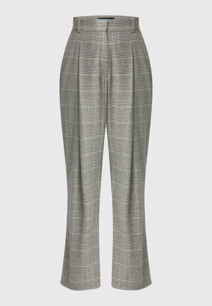 Lyra Glen Check trousers, crafted from a soft-touch Magee lambswool. This pleated front wide-leg relaxed fit trousers offer a timeless and versatile look suitable for both professional and casual settings. Embrace the city heritage look by pairing with the co-ordinating Cassie boyfriend blazer.