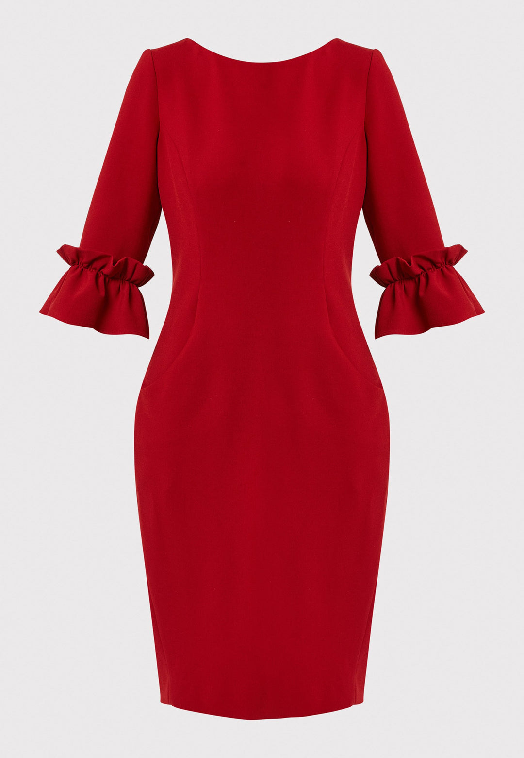 The Maisie Garnet Red Dress, impeccably tailored from signature tricotine fabric with a hint of stretch. This body-skimming silhouette features a round neck and bracelet-length sleeves complemented by exaggerated frill cuffs, ideal for evening cocktails, a night at the theatre, or a stylish winter wedding.