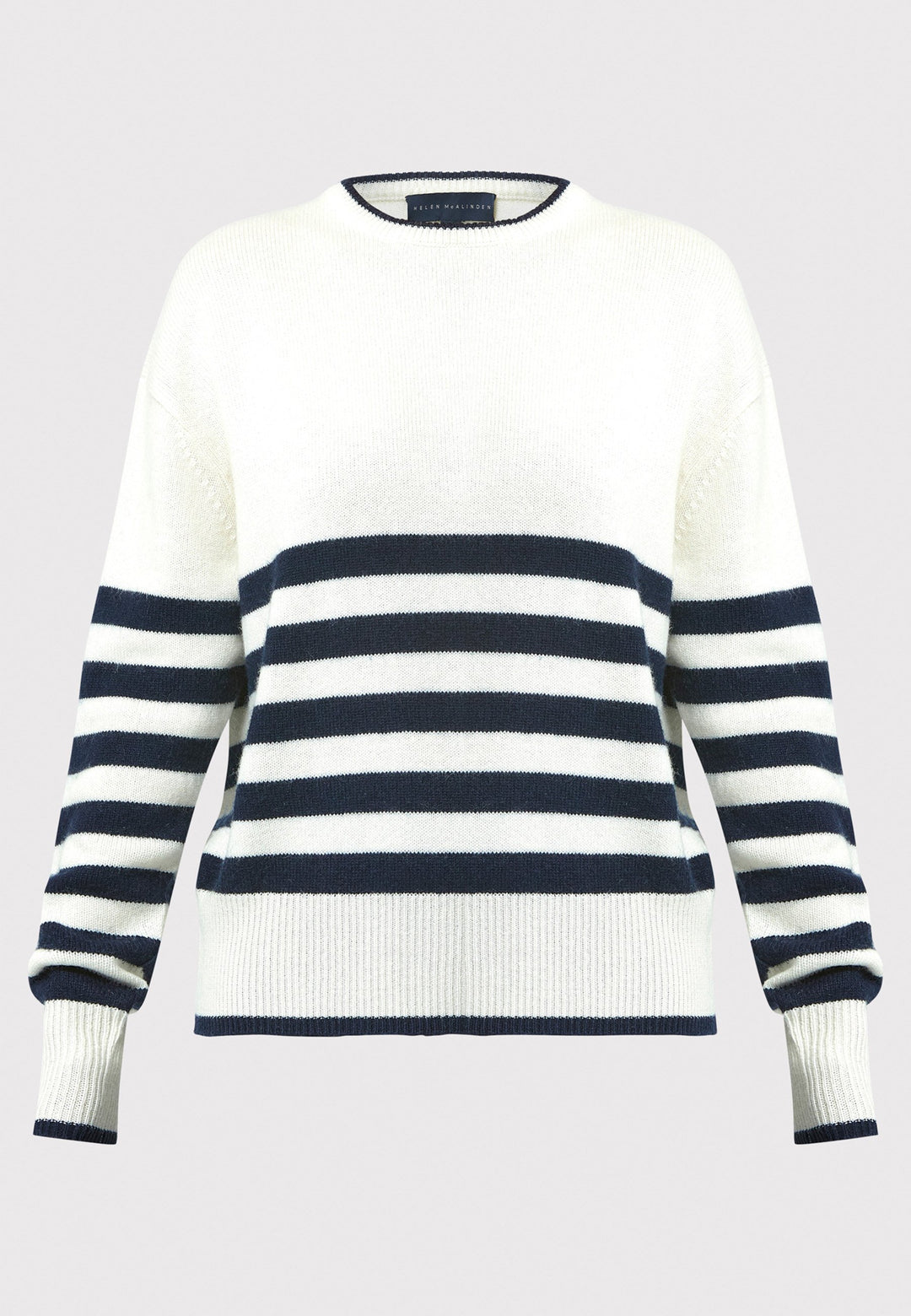The Marine Stripe Sweater is a luxurious blend of extra fine merino wool and cashmere, ensuring a soft and warm experience.