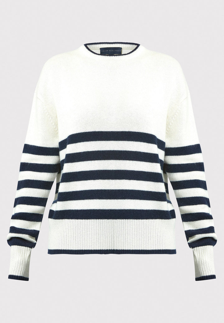 The Marine Stripe Sweater is a luxurious blend of extra fine merino wool and cashmere, ensuring a soft and warm experience.