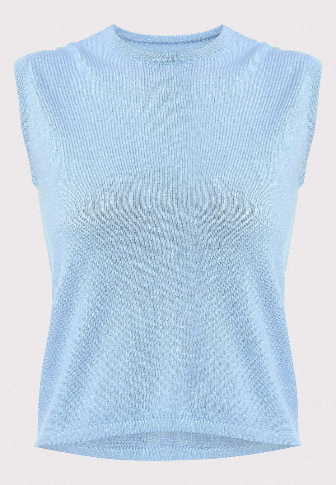 The Marlena Porcelain Blue Cashmere Sweater-Vest is a sleeveless, round-neck top that offers versatile styling options. Wear it as a simple underpinning for the matching Greta cardigan to complete a coordinated look. Alternatively, layer it as a sweater vest over your favorite crisp white shirts for a stylish and contemporary outfit. Made from luxurious cashmere, the Marlena Sweater-Vest adds an extra layer of comfort and sophistication to your wardrobe.
