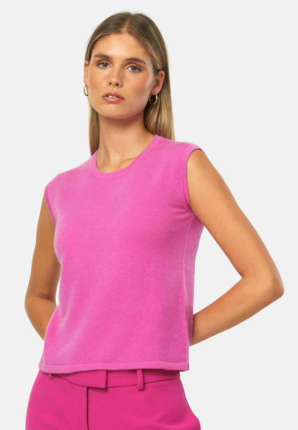 The statement sleeveless knit. Spun from pure cashmere with a cloud-soft handle, it has a neat crew neckline, clean armholes and a waist-skimming straight fit. Lightweight yet warm, it slips under blazers or wears solo with high-rise denim.