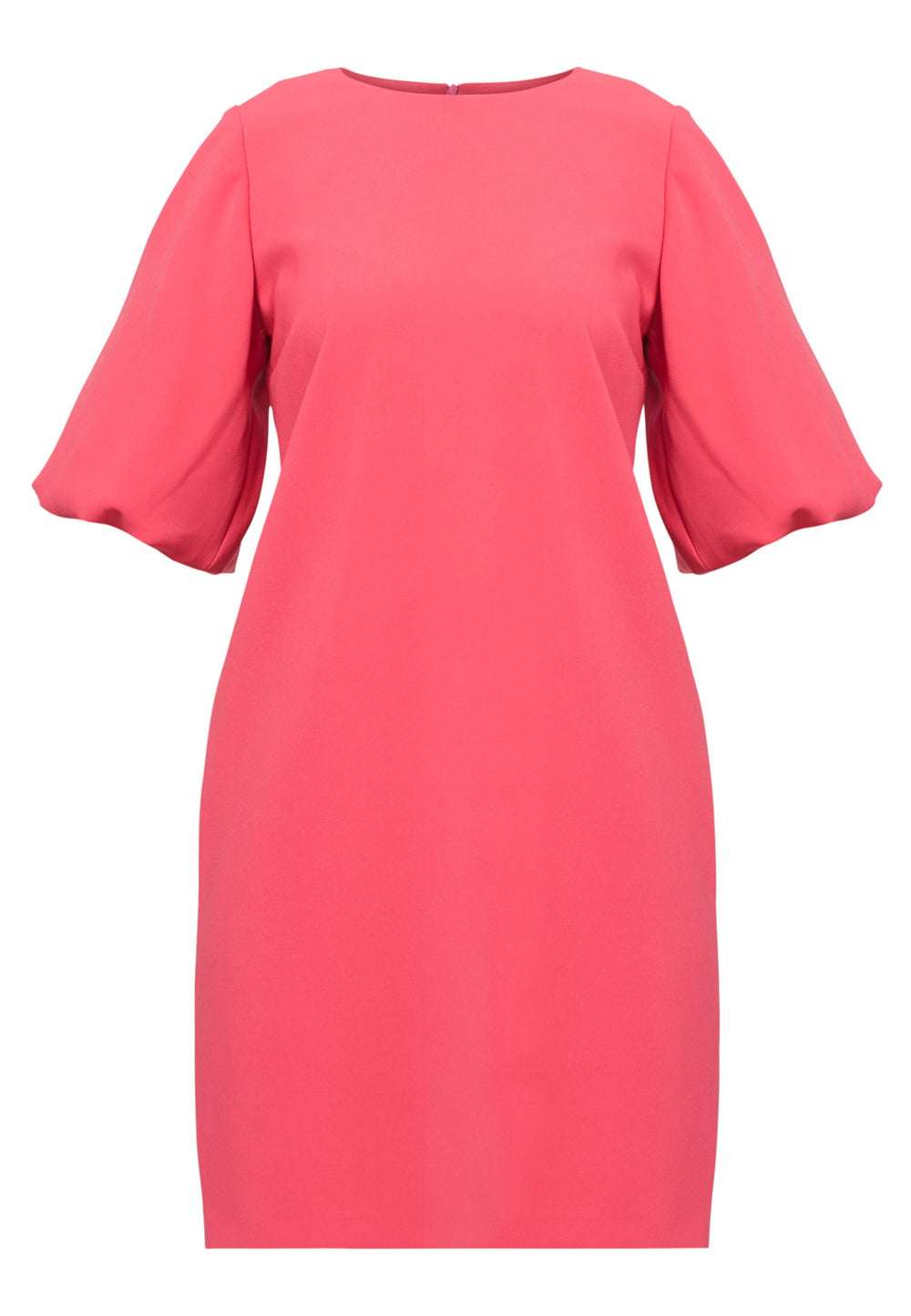 Mia, a chic short-shift dress in a fun watermelon pink hue. This feminine piece features a timeless silhouette with voluminous three-quarter puff sleeves and a round neckline. Its clean lines and relaxed fit make it ideal for both daytime outings and evening occasions.
