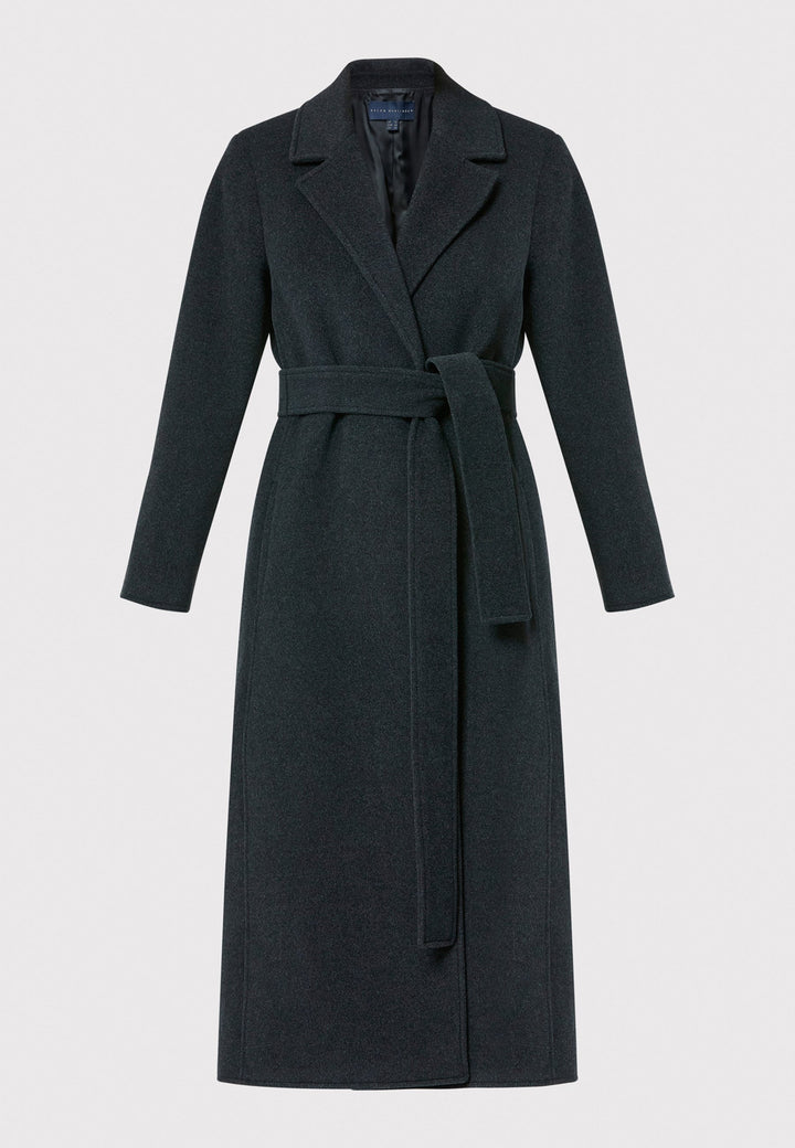 The Mikaela Charcoal Grey Coat, crafted from a luxurious blend of wool and cashmere, offers both style and versatility. This long duster coat features a classic collar and revere, button closure and practical side seam slits. Wear it straight for a relaxed silhouette, or cinch the waist with the matching self-fabric belt for a more defined shape. Complete with side seam pockets, this coat is a refined addition to your outerwear collection.