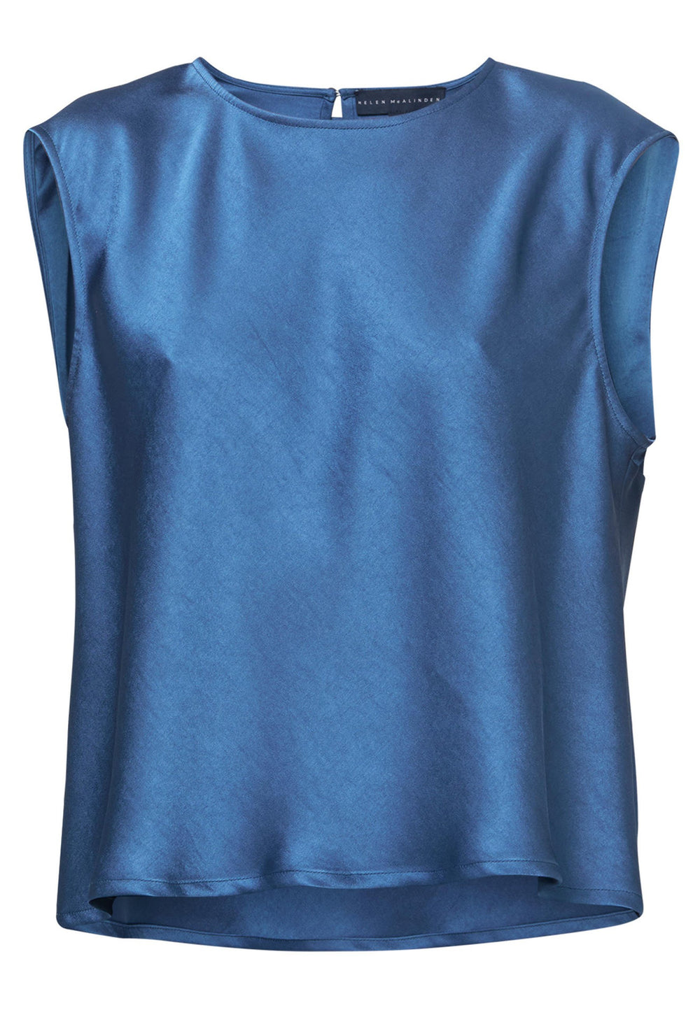 Woman wearing silk-touch satin in storm blue top
