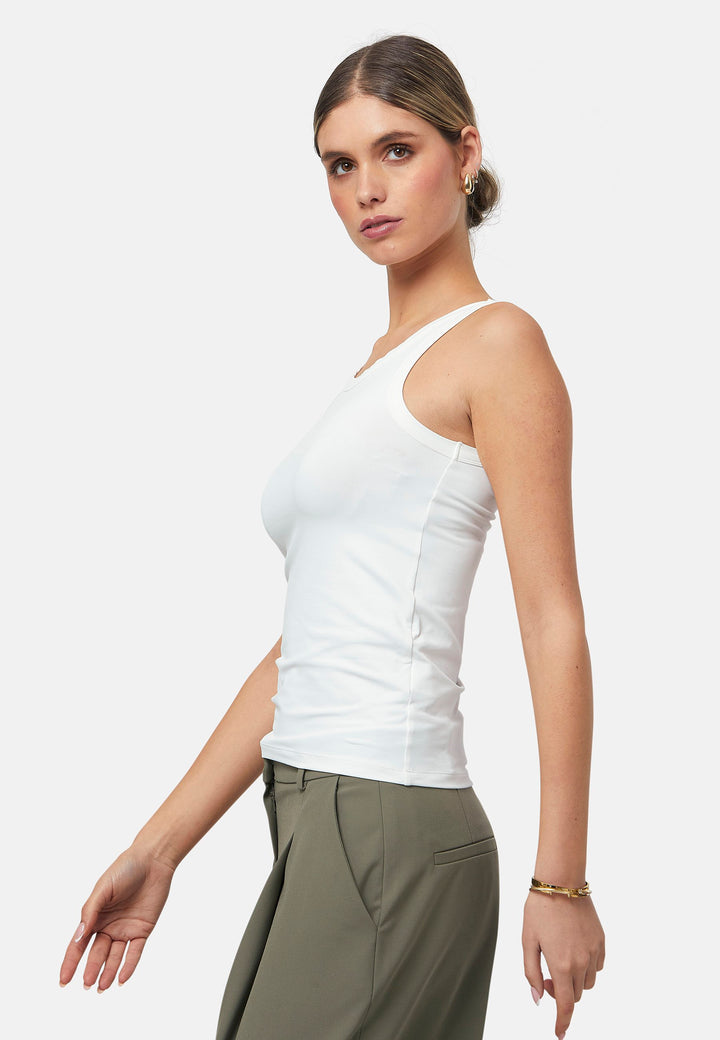 Hit refresh on your everyday essentials with the white Norah tank Top. Crafted in a luxe stretch jersey. Features round neckline and muscle back silhouette.
