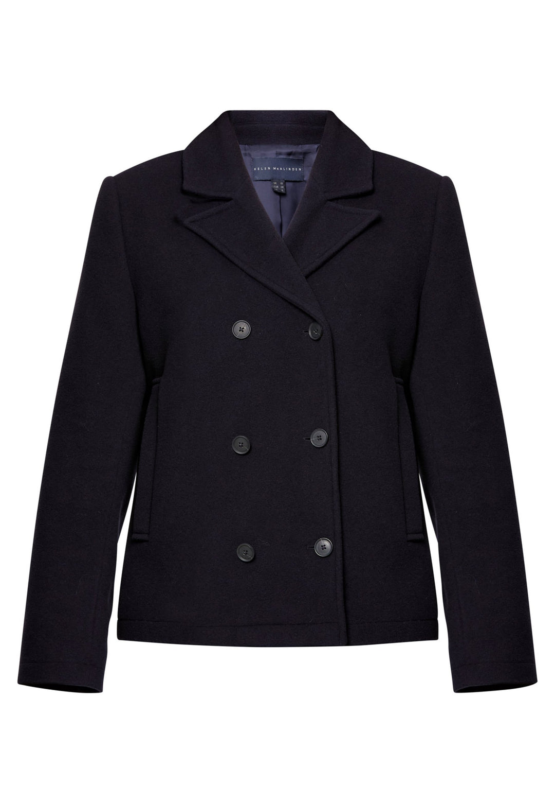 woman wearing double breast cashmere pea coat in navy