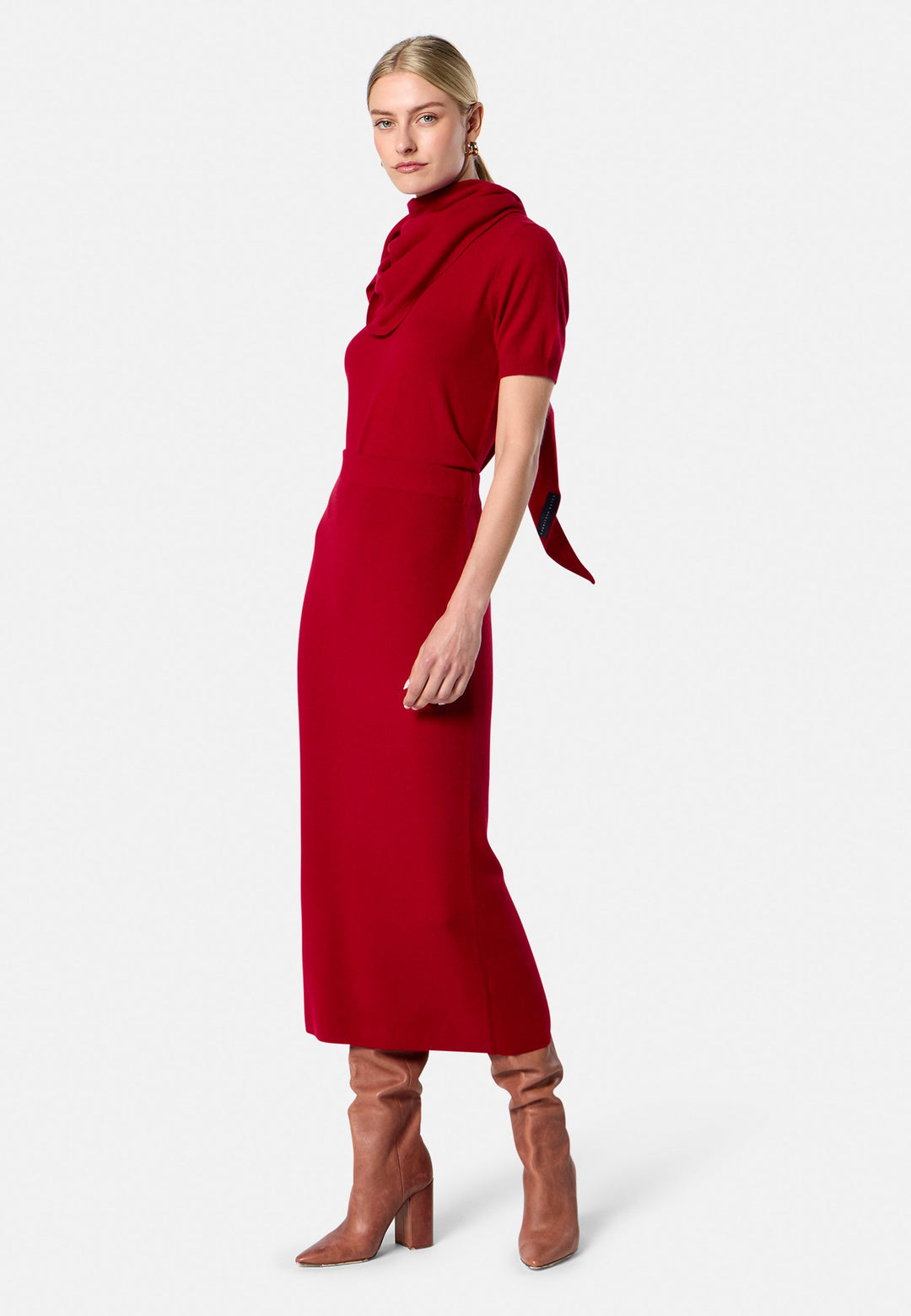 Rhea Ribbed Ruby Red Cashmere Skirt