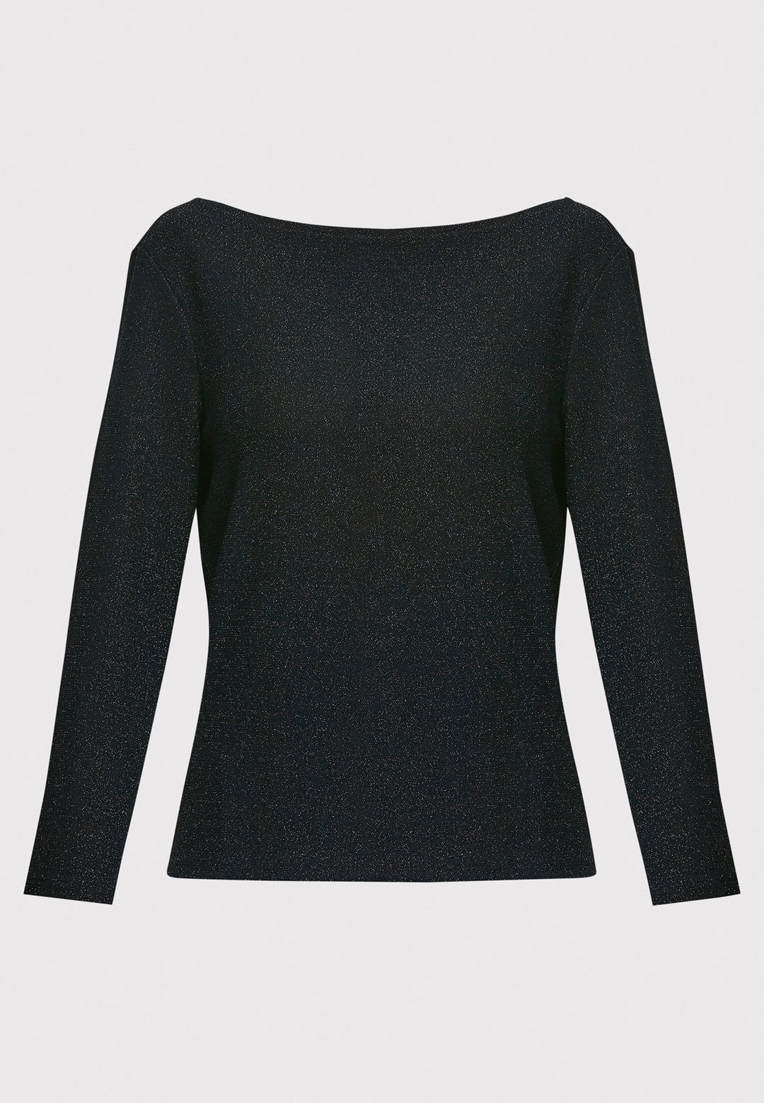 Introducing the Roxanne Black Shimmer Top, an updated version of the beloved best-selling faux-wrap top. This season's design features a beautifully draped neckline for an elegant touch. With its hip-length cut and full-length sleeves, this top combines comfort and chic style effortlessly. Crafted from a black sparkly jersey fabric, it adds a touch of glamour to any outfit. Embrace the ultimate in comfortable chic with the Roxanne Black Shimmer Top.