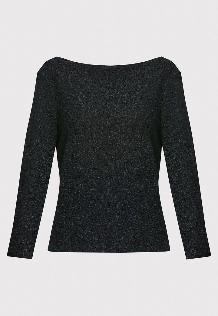 Introducing the Roxanne Black Shimmer Top, an updated version of the beloved best-selling faux-wrap top. This season's design features a beautifully draped neckline for an elegant touch. With its hip-length cut and full-length sleeves, this top combines comfort and chic style effortlessly. Crafted from a black sparkly jersey fabric, it adds a touch of glamour to any outfit. Embrace the ultimate in comfortable chic with the Roxanne Black Shimmer Top.