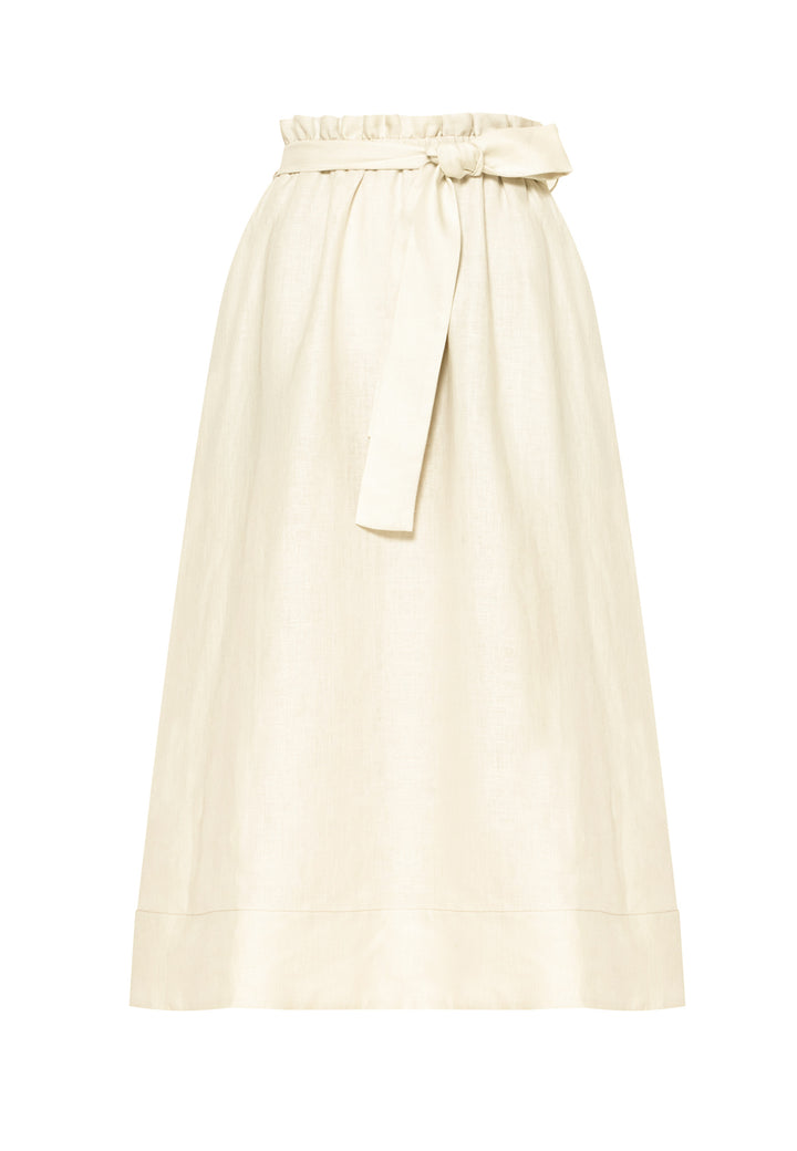 Meg, an easy-fitting, pull-on linen skirt that embraces a laid-back spirit. A piece you can't travel without. Designed to sit on the high waist for a flattering fit. Features a detachable belt. Paper bag elasticated waist for all day comfort. Cut from a breathable Irish linen. Pair it with a simple tee and the co-ordinating Cassie boyfriend-blazer with trainers for a chic and contemporary look.