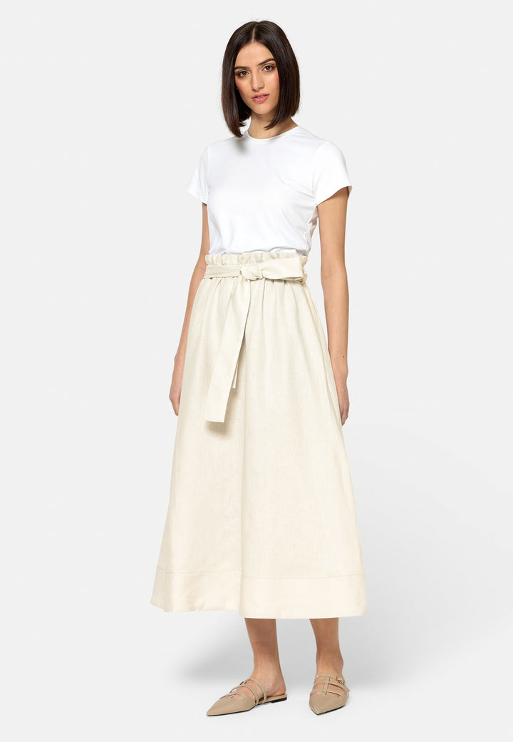 Meg, an easy-fitting, pull-on linen skirt that embraces a laid-back spirit. A piece you can't travel without. Designed to sit on the high waist for a flattering fit. Features a detachable belt. Paper bag elasticated waist for all day comfort. Cut from a breathable Irish linen. Pair it with a simple tee and the co-ordinating Cassie boyfriend-blazer with trainers for a chic and contemporary look.