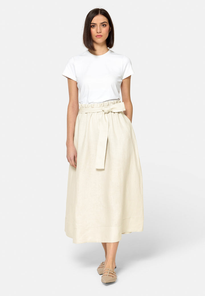 Meg, an easy-fitting, pull-on linen skirt that embraces a laid-back spirit. A piece you can't travel without. Designed to sit on the high waist for a flattering fit. Features a detachable belt. Paper bag elasticated waist for all day comfort. Cut from a breathable Irish linen. Pair it with a simple tee and the co-ordinating Cassie boyfriend-blazer with trainers for a chic and contemporary look.