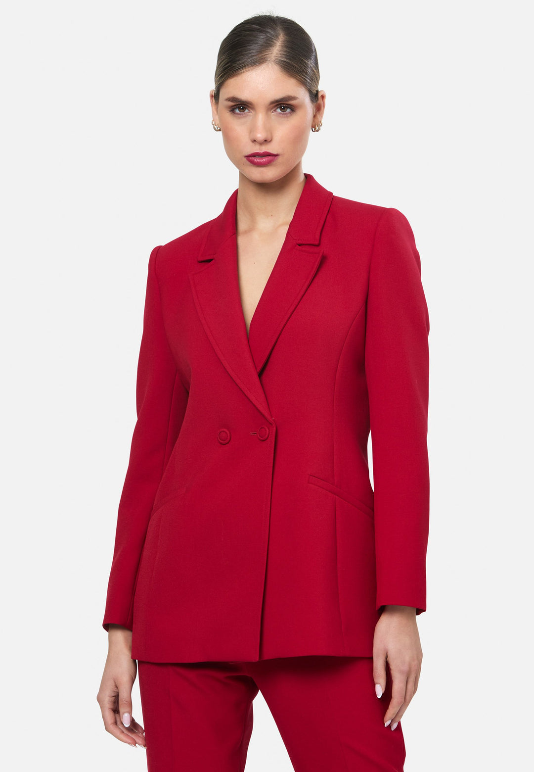 model wearing Sammie Ruby Red Blazer