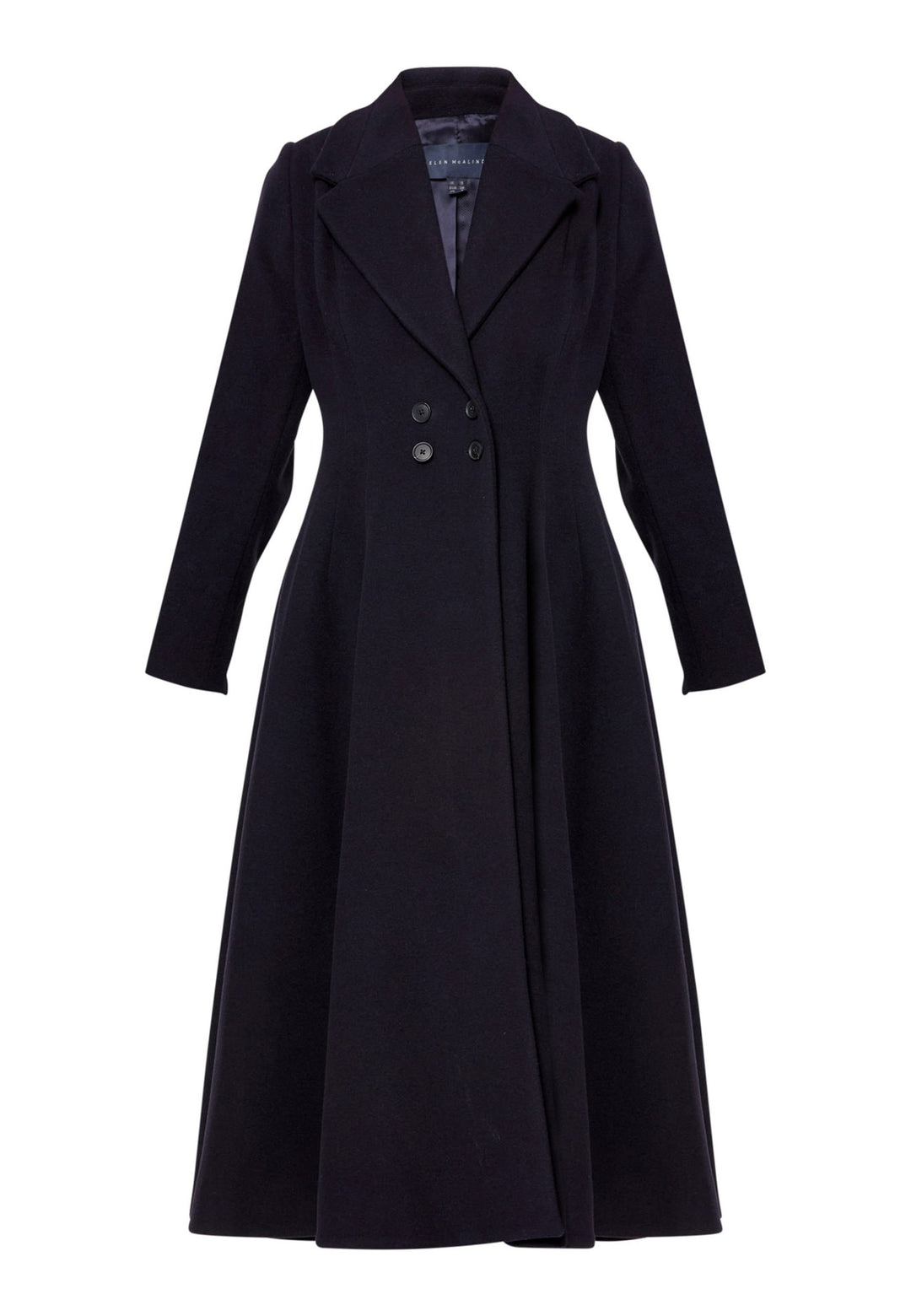 Embrace 50s glamour with Scarlett, a captivating coat crafted from a wool and cashmere melton blend. Designed with a double-breasted, fit-and-flare silhouette, it features a cinched waist, oversized shawl collar and practical side seam pockets. Perfect for winter weddings or any occasion where you desire a touch of glamour and warmth – combining style and functionality in one stunning piece.