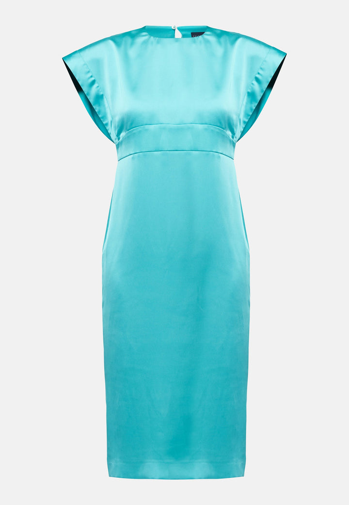 Elevate your wardrobe with the Shiv dress, a simple aqua midi dress in satin. Featuring dropped sleeves, a gathered back waist seam, and a side slit for ease of movement. The back has a keyhole detail with a button closure. Perfect for a summer wedding or afternoon luncheons.
