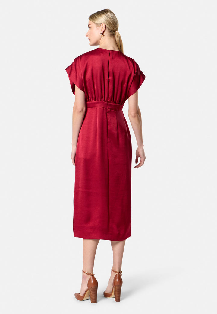 model wearing Shiv Ruby Red Satin Dress