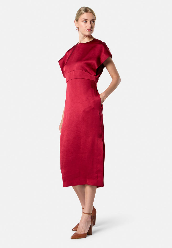 model wearing Shiv Ruby Red Satin Dress