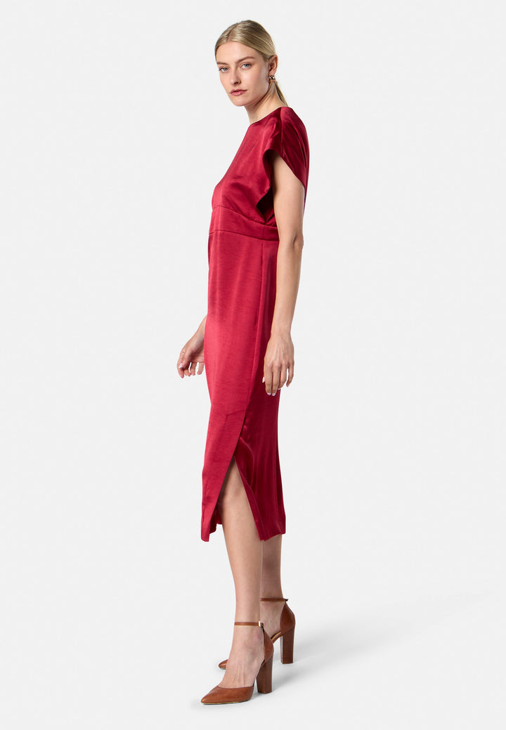 model wearing Shiv Ruby Red Satin Dress