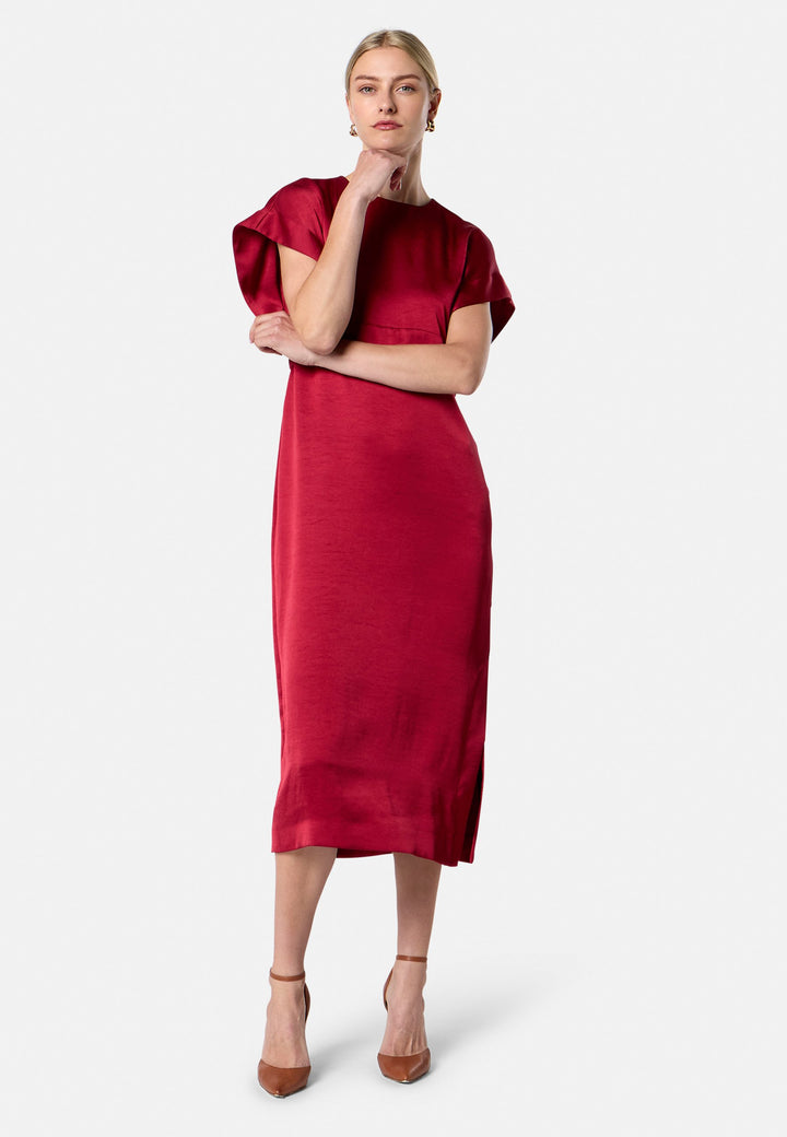 model wearing Shiv Ruby Red Satin Dress