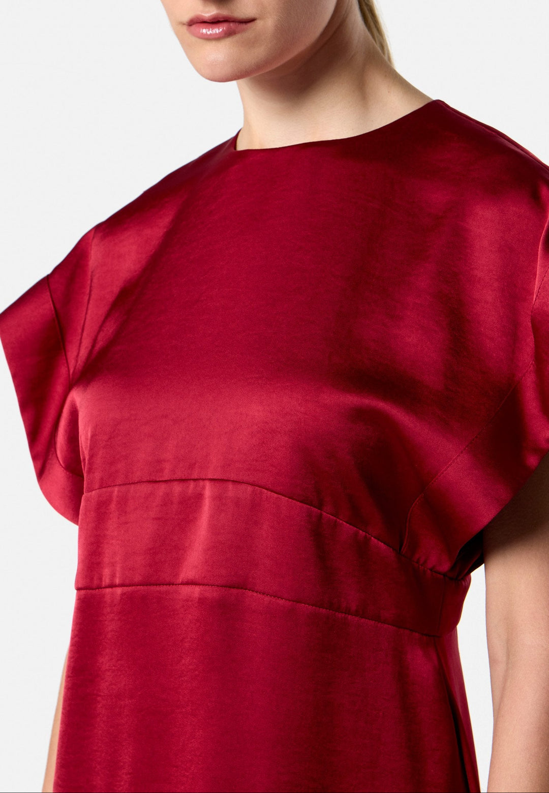 model wearing Shiv Ruby Red Satin Dress