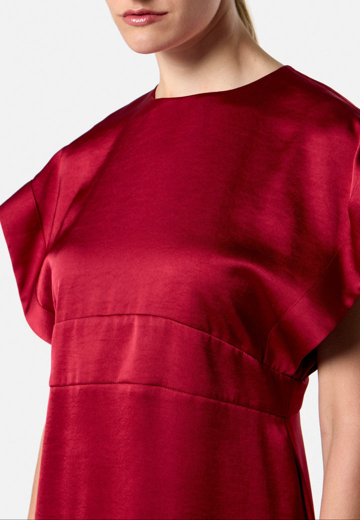 model wearing Shiv Ruby Red Satin Dress