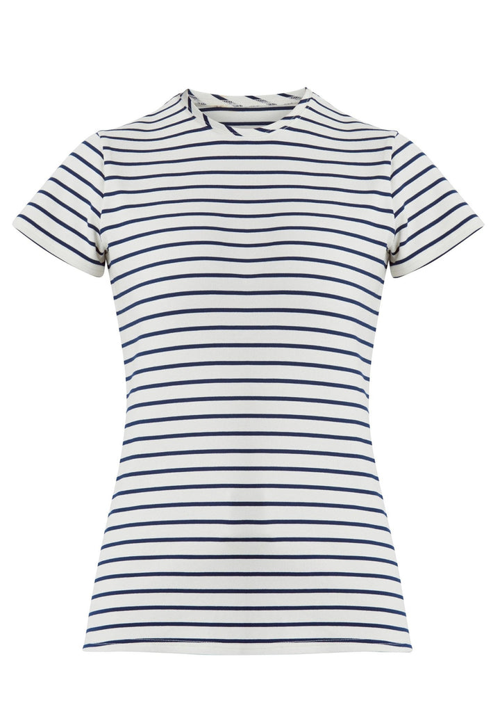 This luxurious rendition of the timeless T-shirt is crafted from premium stretch jersey and boasts a refined round neck, cementing its place as a must-have essential. Now available in a sophisticated navy and ecru stripe.