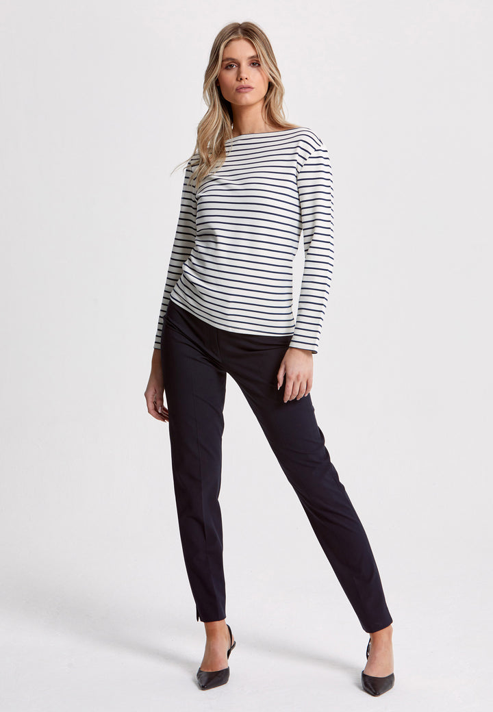 Experience the timeless elegance of our Teagan Stripe Top, expertly crafted with a luxurious stretch jersey and complemented by a sleek round neck. Available in both ecru and navy stripe, it's a must-have essential for any sophisticated wardrobe.