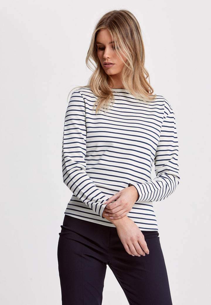 Experience the timeless elegance of our Teagan Stripe Top, expertly crafted with a luxurious stretch jersey and complemented by a sleek round neck. Available in both ecru and navy stripe, it's a must-have essential for any sophisticated wardrobe.