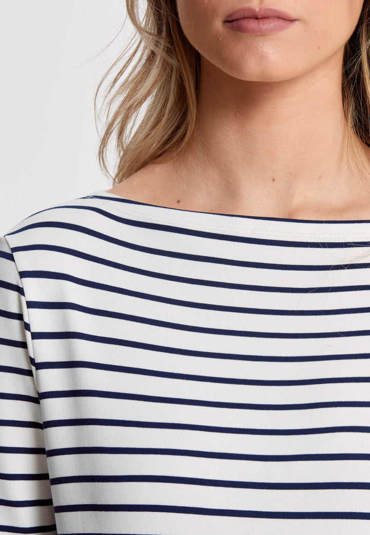 Experience the timeless elegance of our Teagan Stripe Top, expertly crafted with a luxurious stretch jersey and complemented by a sleek round neck. Available in both ecru and navy stripe, it's a must-have essential for any sophisticated wardrobe.