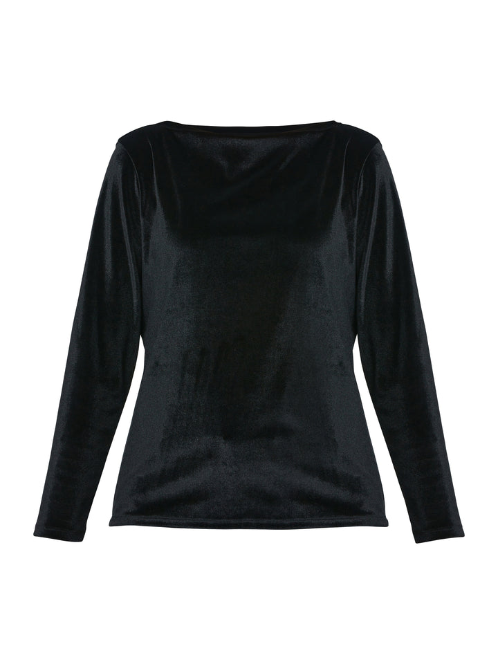 Teagan Black Velvet Top, a refined and stylish boat neck blouse that exudes sophistication. Crafted from sumptuous black stretch velvet, this top radiates opulence and elegance. Its timeless design makes it a versatile piece that can be effortlessly paired with various seperates.