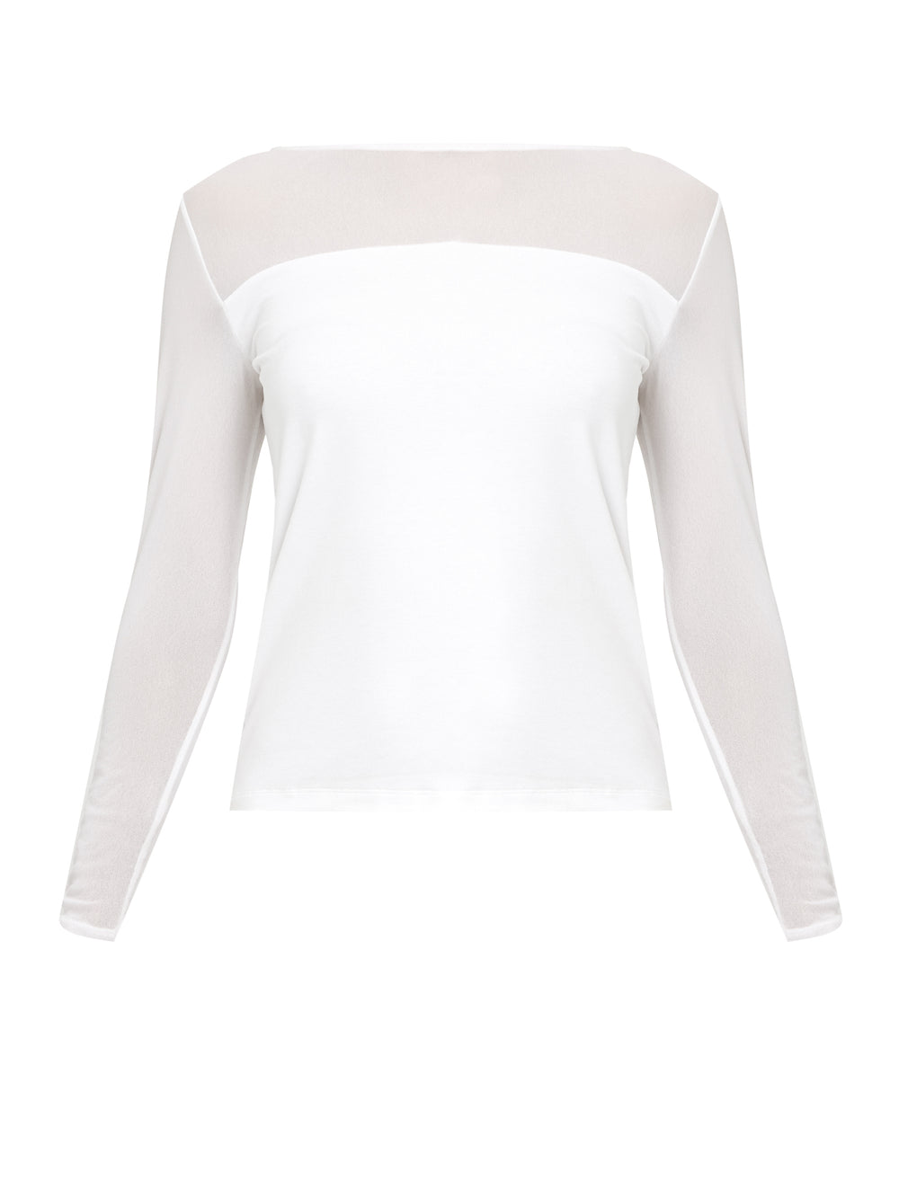 A signature hmca piece. our perennial best-seller back in white. This versatile top features a flattering mesh yoke and sleeves on a snug jersey body. Perfect underpinning to suiting or a more casual pant. Designed by Helen McAlinden in Ireland and made to last in Europe.