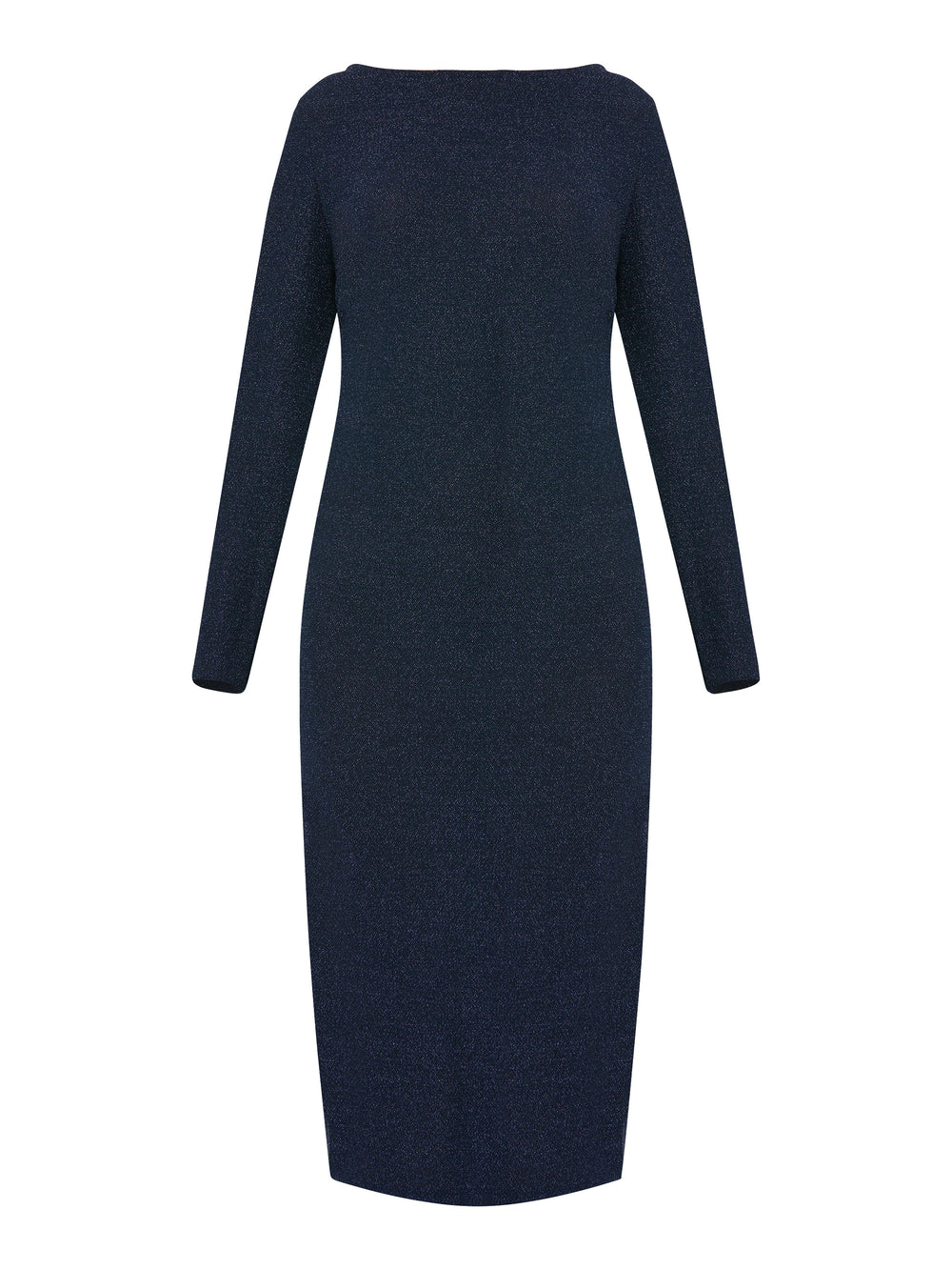 Introducing the Jamie Midnight Shimmer Dress, a captivating bodycon dress that exudes timeless elegance. This dress features super full-length sleeves, providing a sophisticated and chic look. Crafted from a sparkly navy jersey fabric, it adds a touch of glamour to your ensemble. The slash neck with a slight V-back detail adds a subtle hint of allure. 