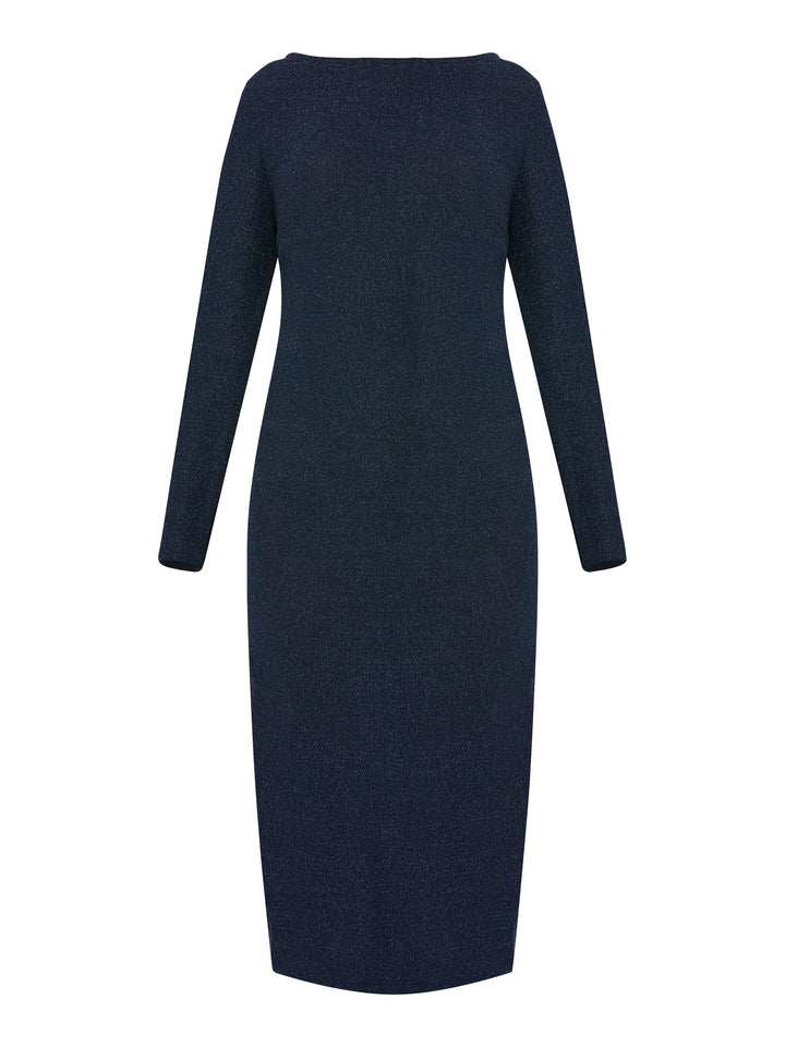 Introducing the Jamie Midnight Shimmer Dress, a captivating bodycon dress that exudes timeless elegance. This dress features super full-length sleeves, providing a sophisticated and chic look. Crafted from a sparkly navy jersey fabric, it adds a touch of glamour to your ensemble. The slash neck with a slight V-back detail adds a subtle hint of allure. 